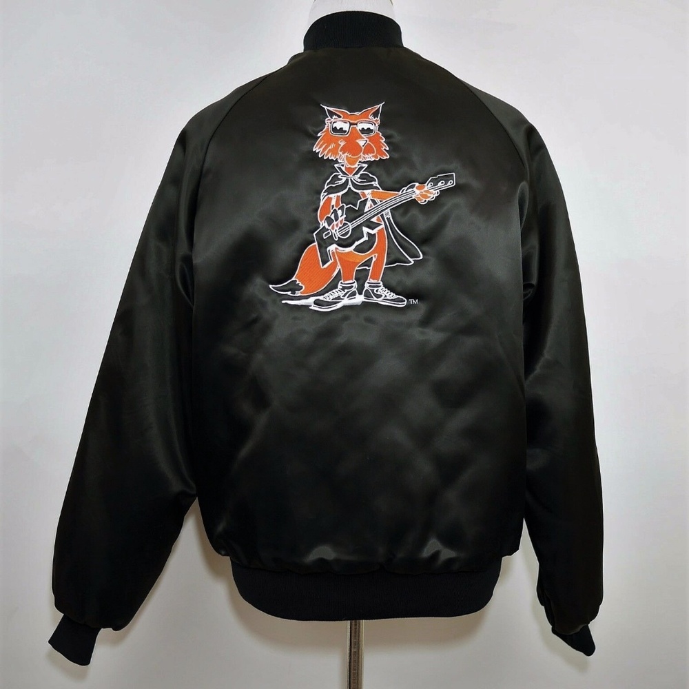 BLACK SATIN BOMBER JACKET Fox playing a guitar